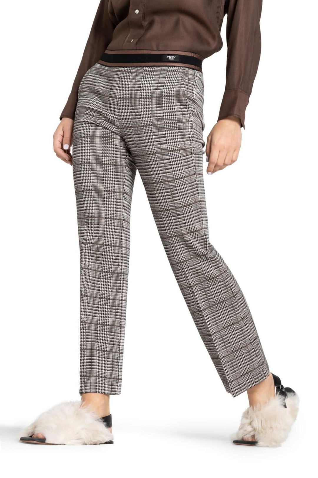 Pantalon Francoise cropped à motif prince-de-galles, coupe évasée, taille élastique avec un look moderne et élégant.