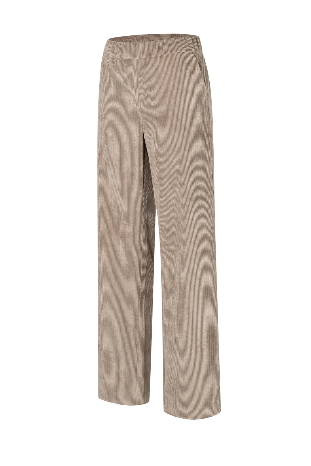 Pantalon en velours côtelé à jambe large, couleur beige, taille élastique, idéal pour un look chic automnal.