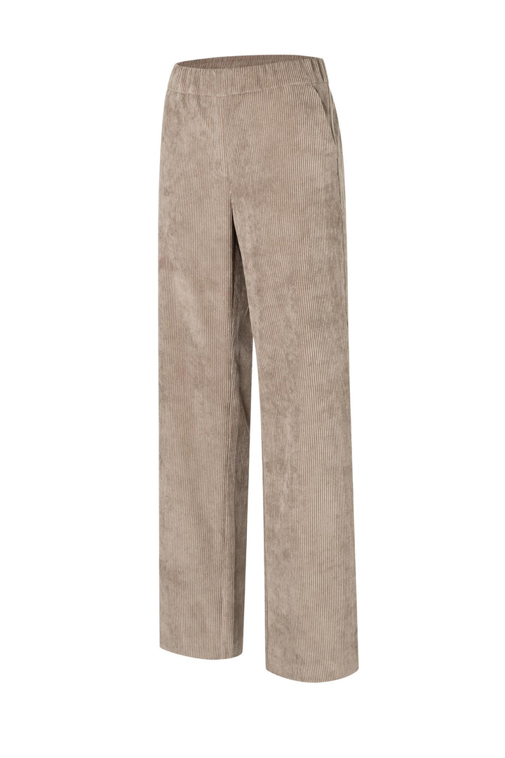 Pantalon en velours côtelé à jambe large, couleur beige, taille élastique, idéal pour un look chic automnal.