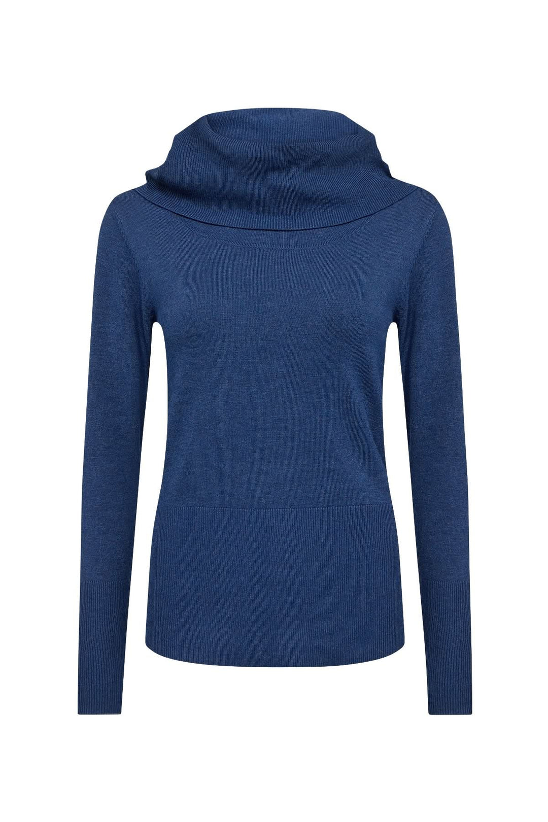 Chandail à col drapé bleu, silhouette féminine avec tricot finement ajusté, parfait pour les superpositions.