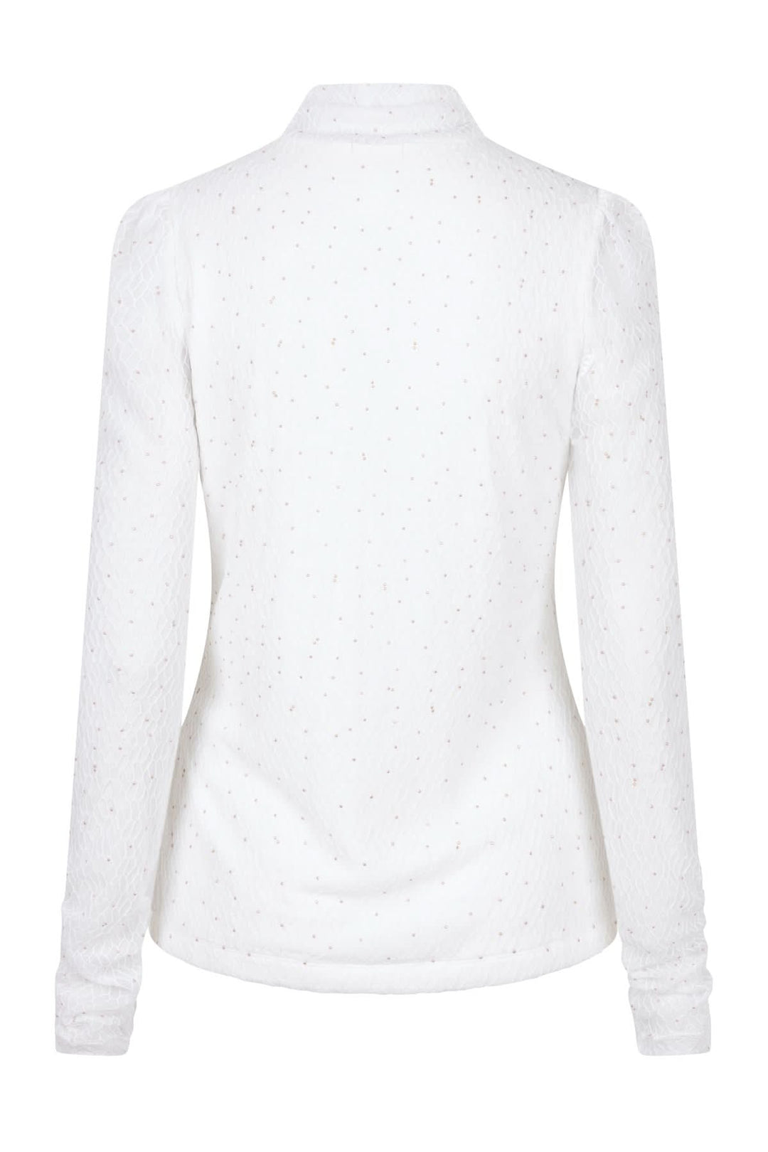 Vue arrière d'un haut à col montant blanc, semi-transparent avec des micro-brillants.