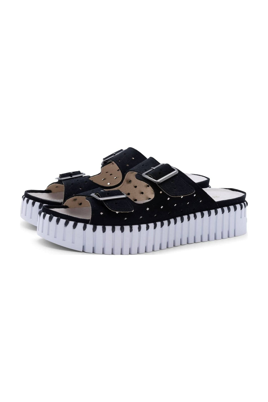 Sandales Tulip C1012 en cuir noir, brides ajustables, semelle blanche, design moderne et élégant.