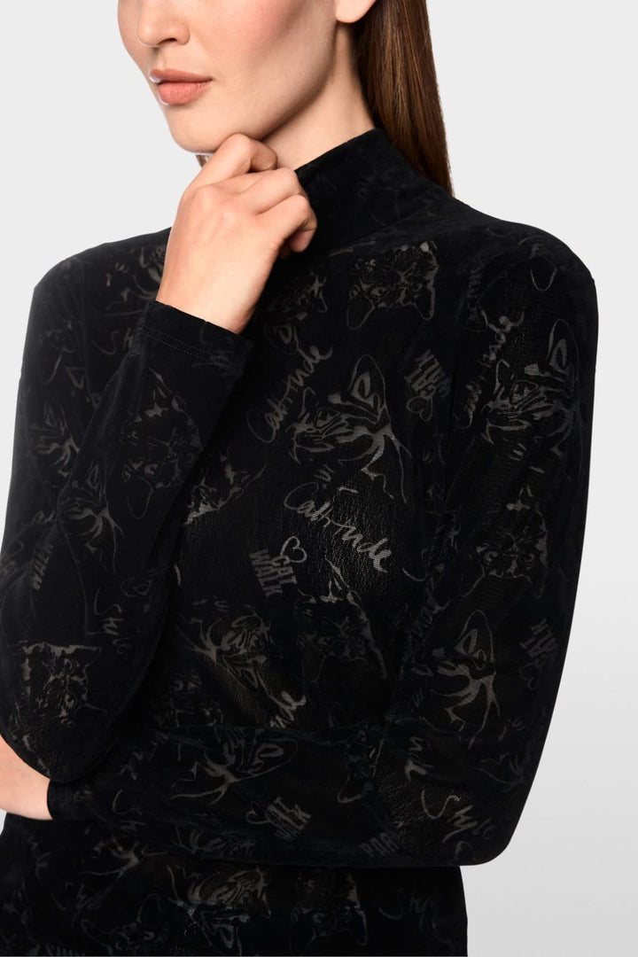 Haut à col roulé en velours stretch motif chat vue de face pour femme Marc Cain