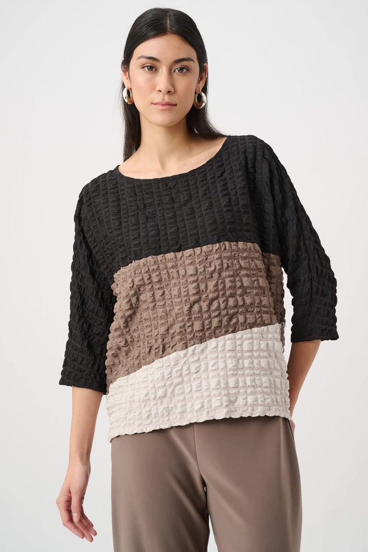 Front view of a multicolored Joseph Ribkoff top with a textured, block-color design and unique details - Valérie Simon