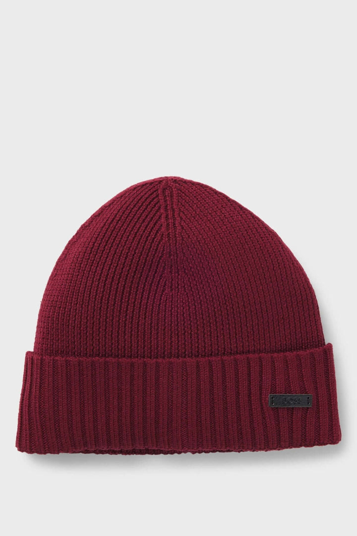 Tuque en laine vierge à maille épaisse BOSS, rouge, avec logo en tissu enduit, confortable pour les journées froides.