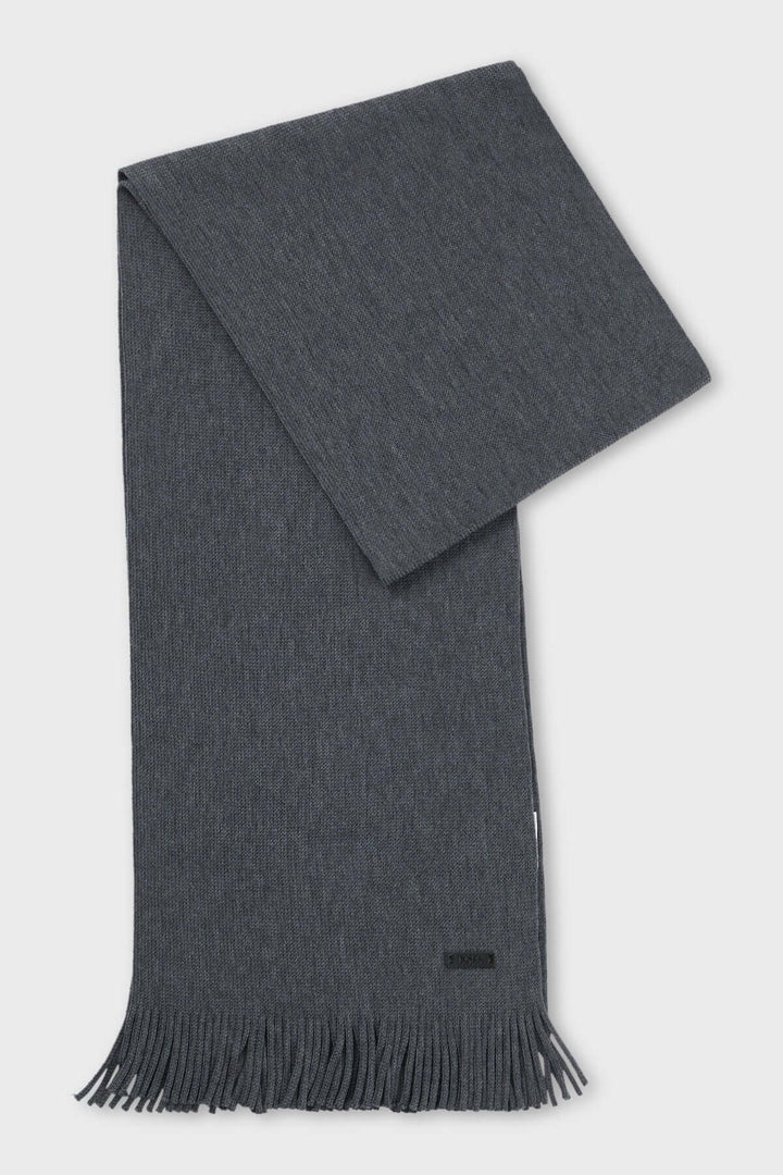 Foulard de laine vierge Boss, maille Raschel, logo discret, écharpe élégante pour l'hiver, 170 cm, couleur gris foncé.