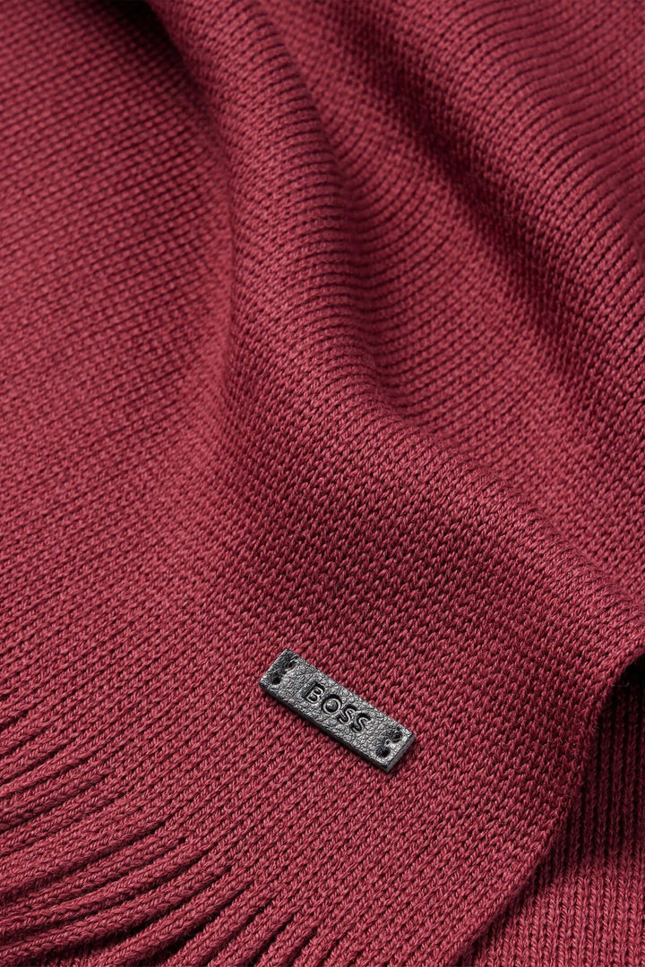 Foulard de laine vierge Boss tricoté en maille Raschel bordeaux avec logo en tissu enduit, longueur 170 cm, écharpe élégante pour l’hiver.