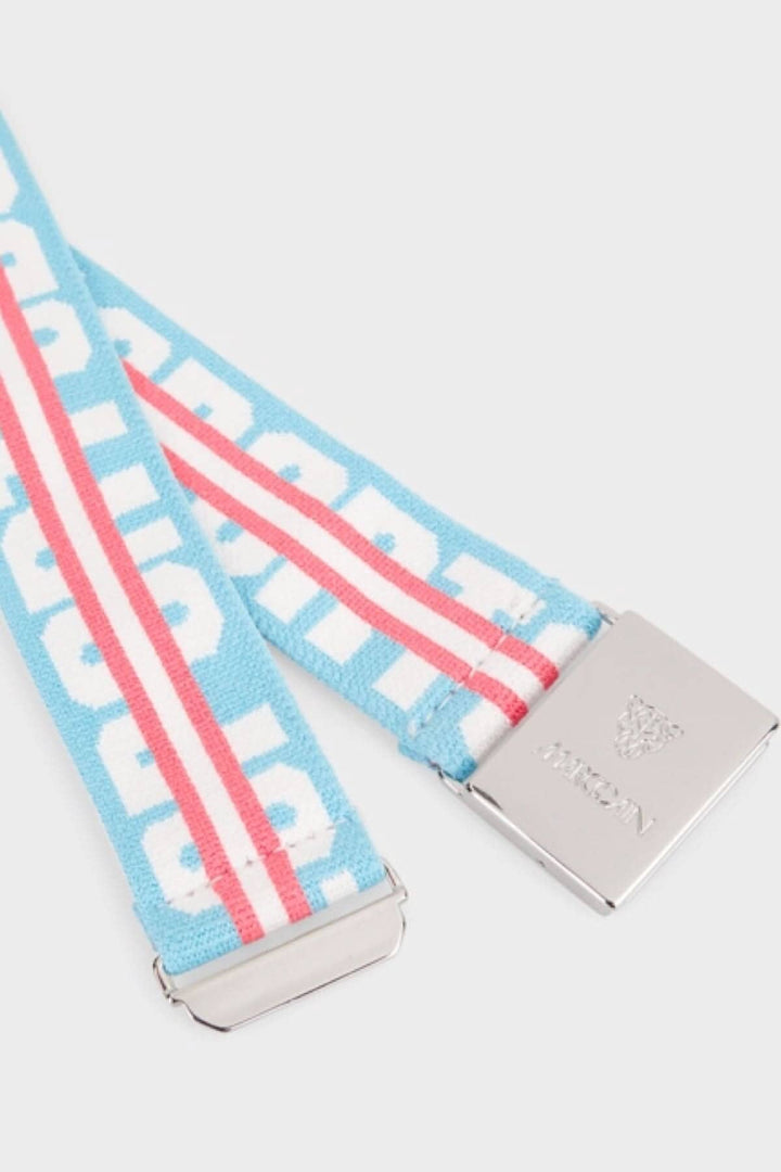 Ceinture à rayures colorées bleu et rose avec boucle en métal, style sportif, Marc Cain Sports.