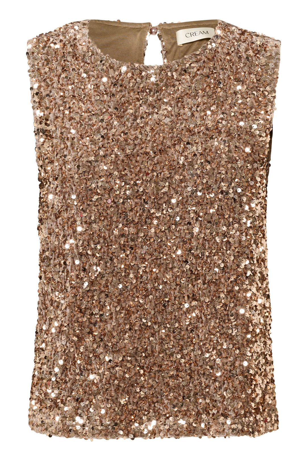 Camisole Palia en sequins roses, coupe droite et encolure ronde, élégante et raffinée, parfaite pour les soirées festives.