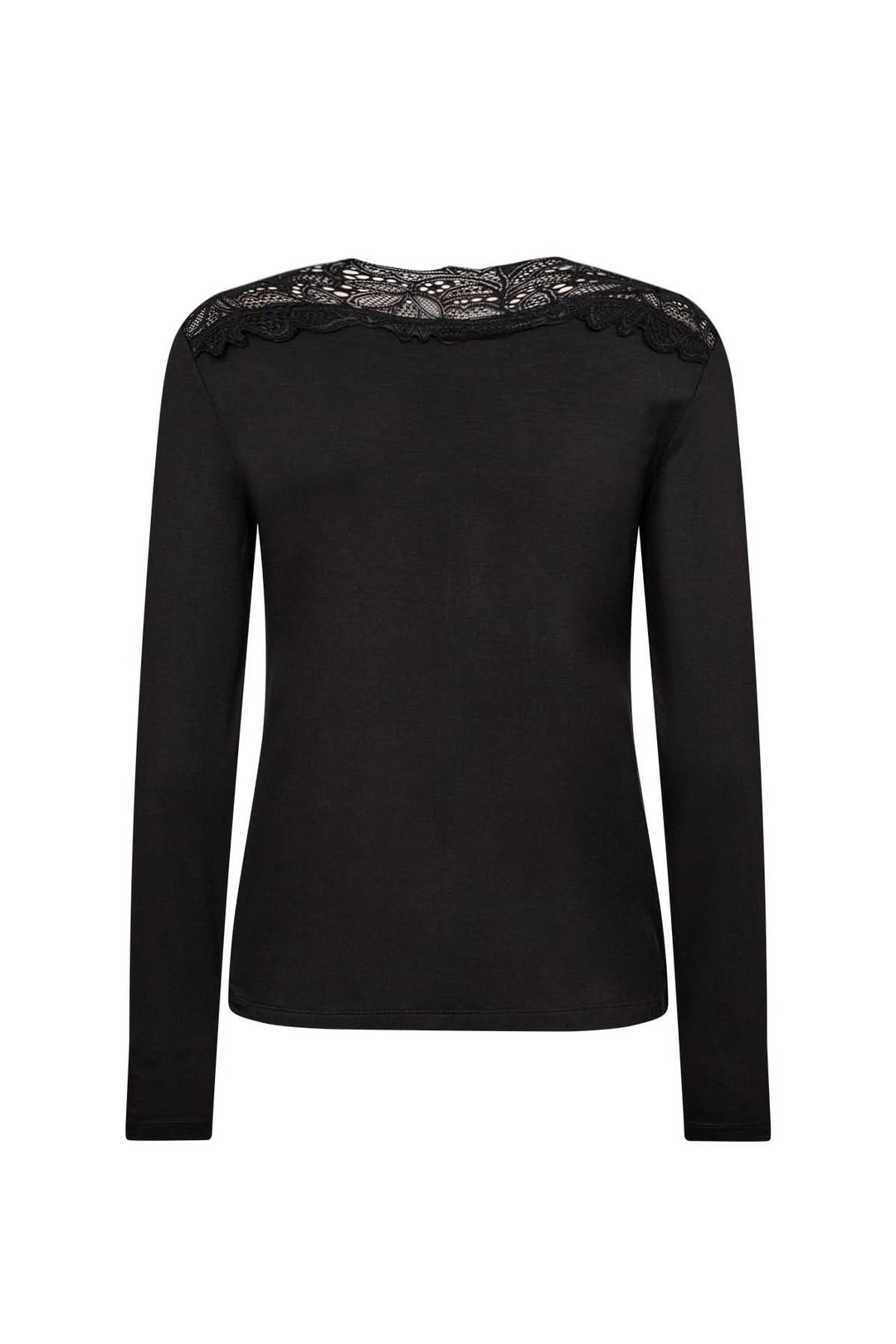 Chandail noir à encolure en V avec dentelle ajourée sur l'arrière et manches longues.