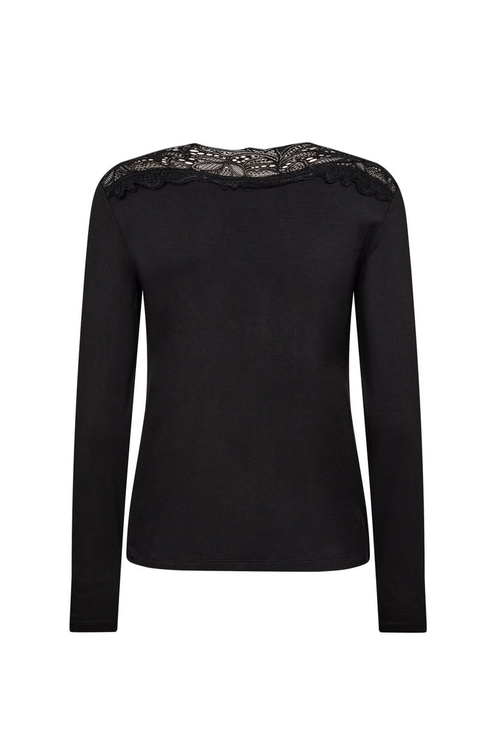 Chandail noir à encolure en V avec dentelle ajourée sur l'arrière et manches longues.