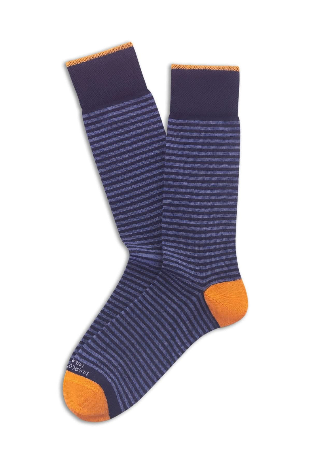 Bas à fines rayures horizontales bleu marine et orange, accessoire élégant et polyvalent.