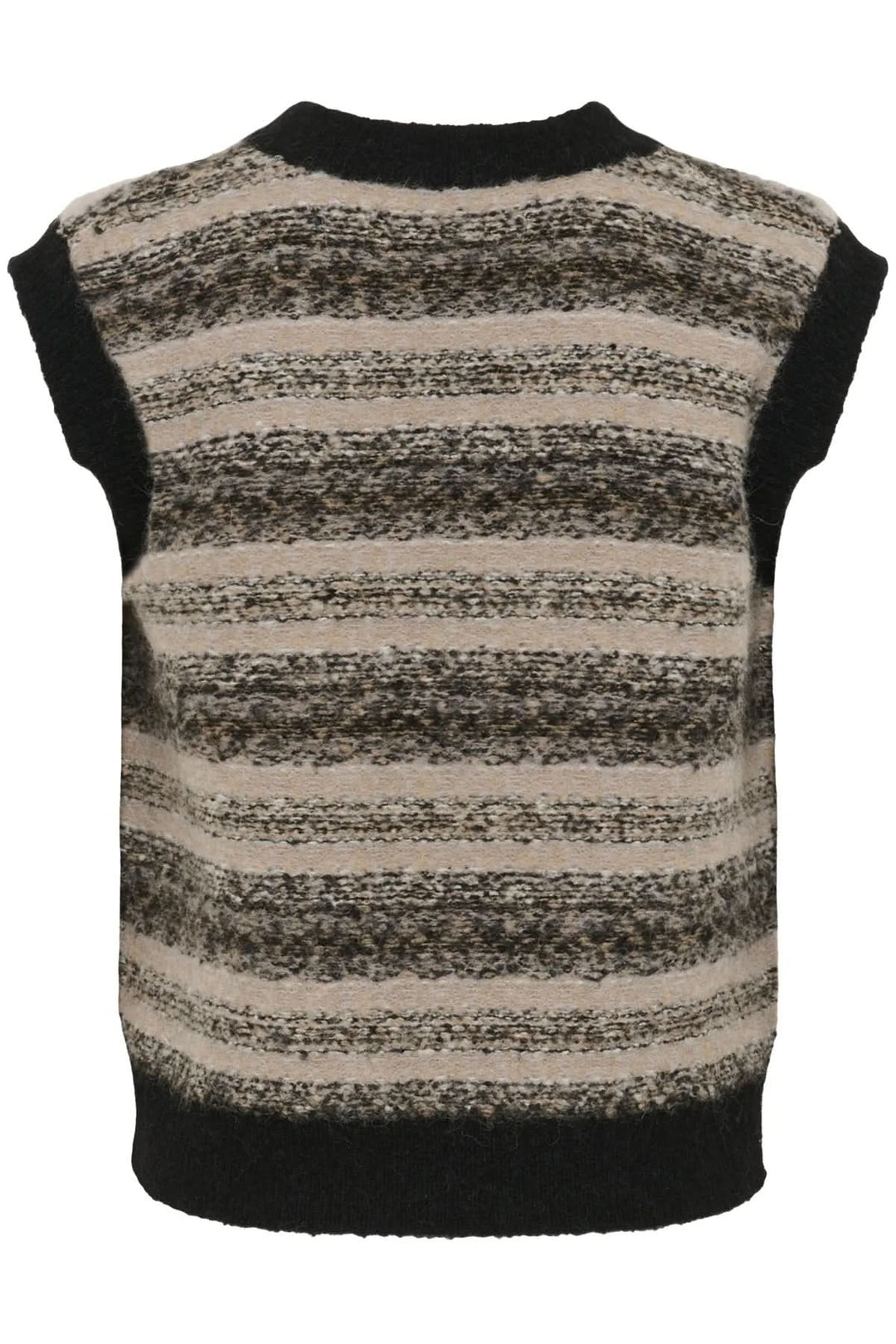 Veste Gilia sans manches avec motif rayé intemporel et encolure en V, style cosy pour superpositions.