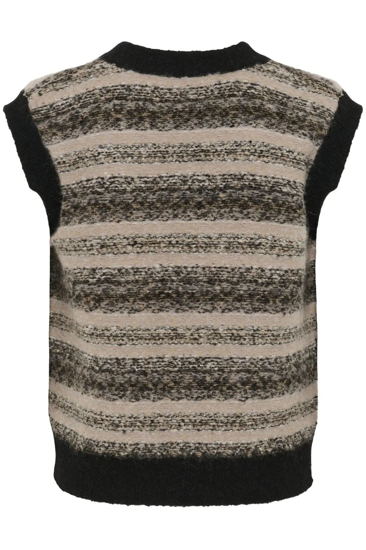 Veste Gilia sans manches avec motif rayé intemporel et encolure en V, style cosy pour superpositions.