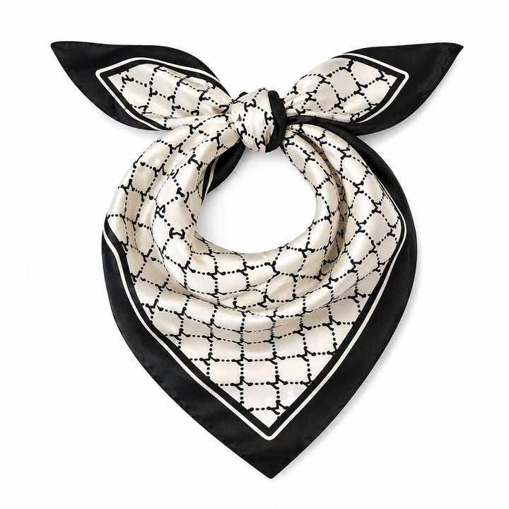 Foulard carré imprimé graphique avec bordure contrastante, format 70x70 cm, léger et polyvalent pour un style élégant.