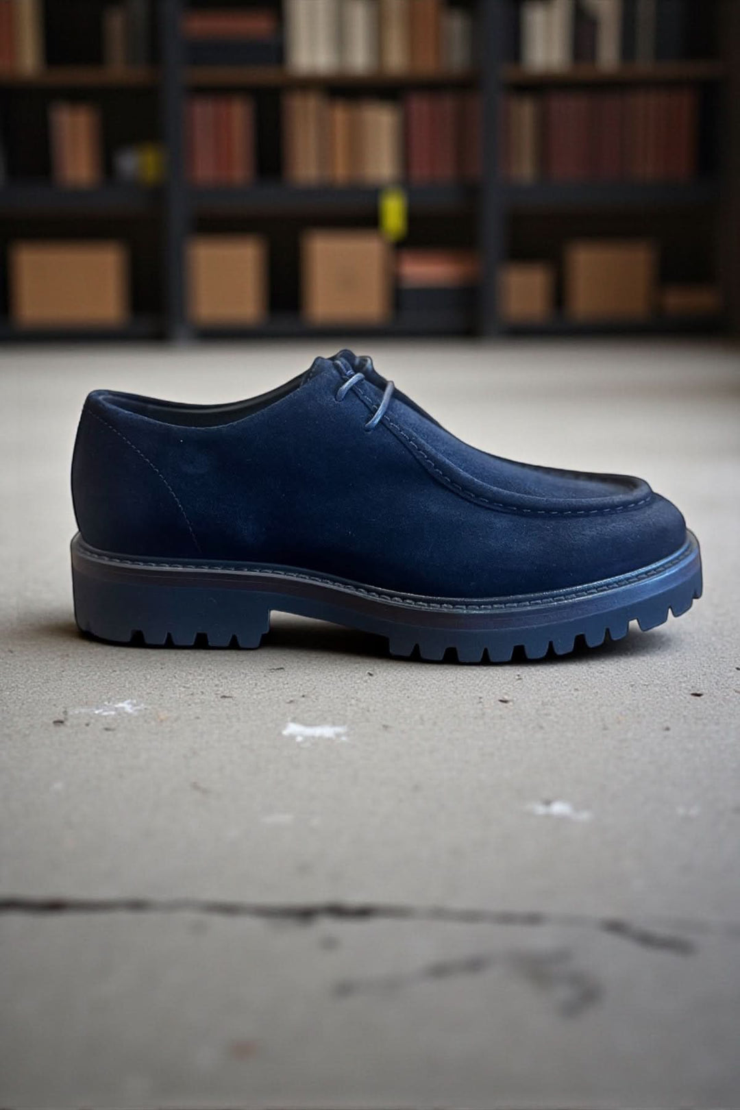 Soulier homme cuir veau suédé semelle caoutchouc bleu élégant et décontracté sur fond de bibliothèque