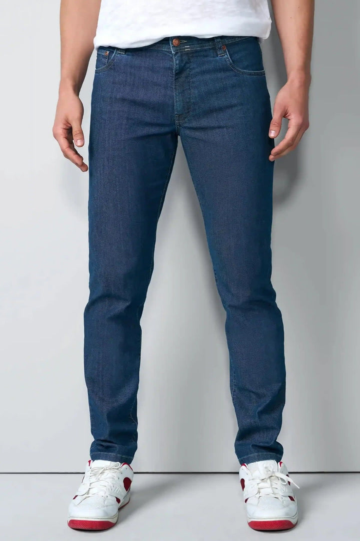 Vue de côté jean M-5 pour homme gris avec surpiqûres distinctives - Valérie Simon
