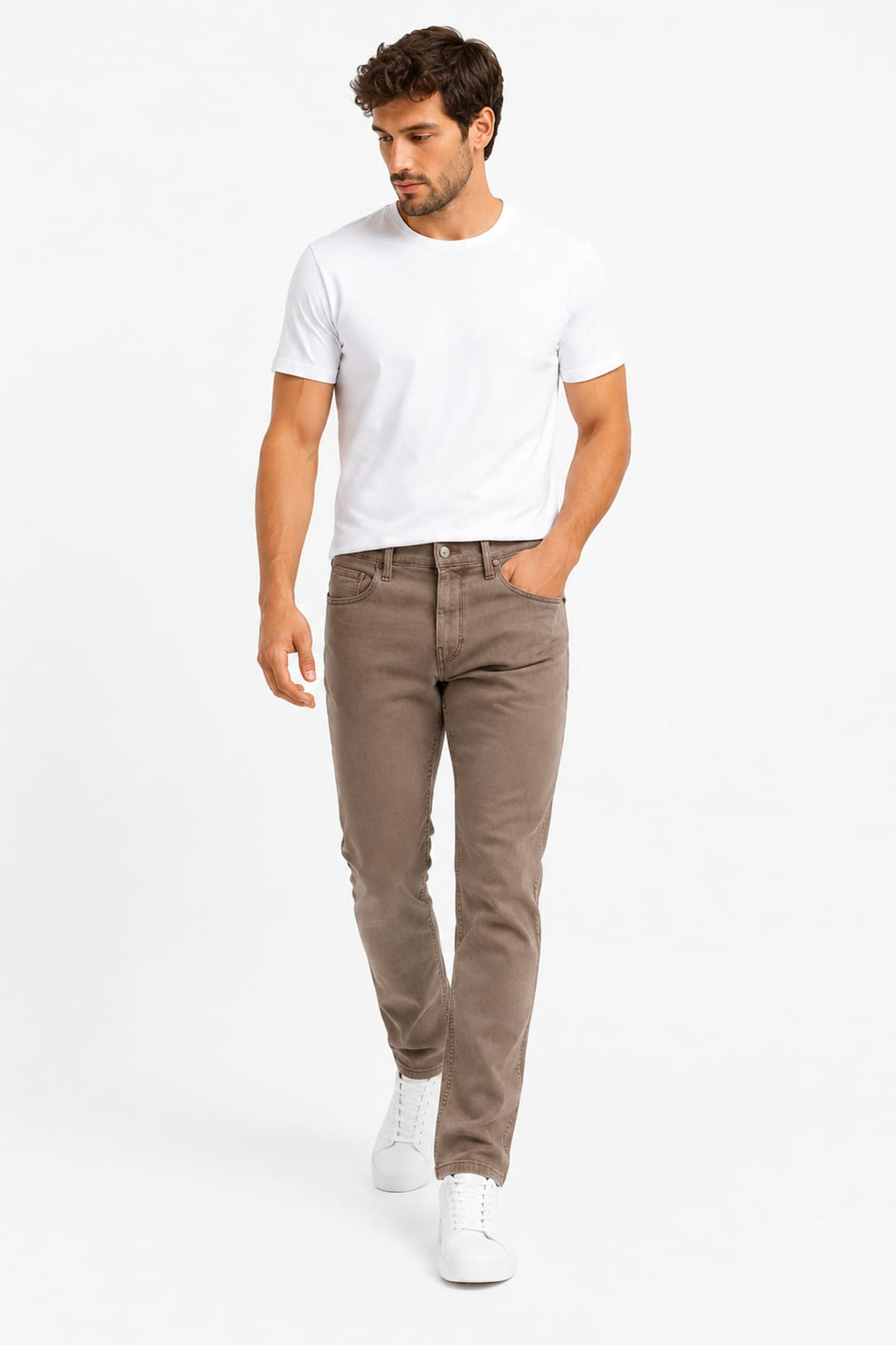 Vue de côté jean Paige pour homme gris extensible détails surpiqûres - Valérie Simon