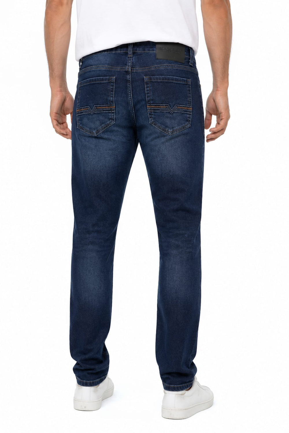 Back view of modern gray men's stretch jeans Fit - Valérie Simon