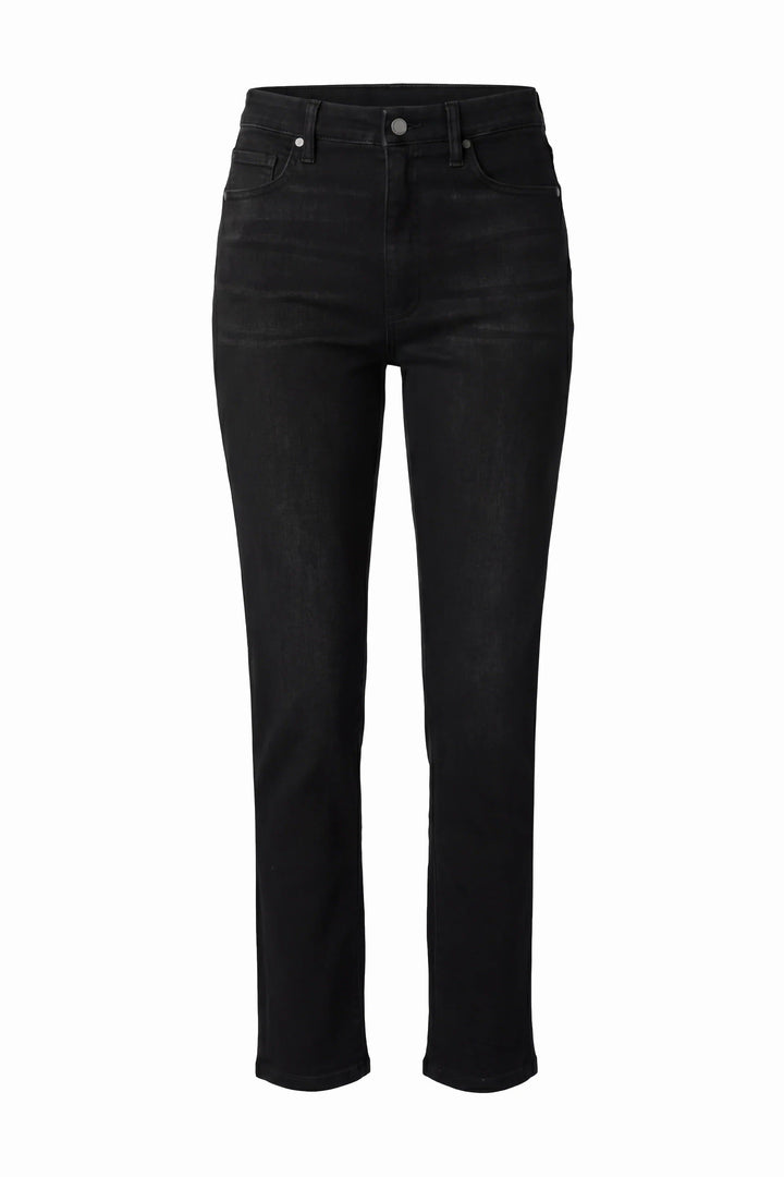 Vue de face jean droit taille haute bleu Liverpool pour femme - Valérie Simon