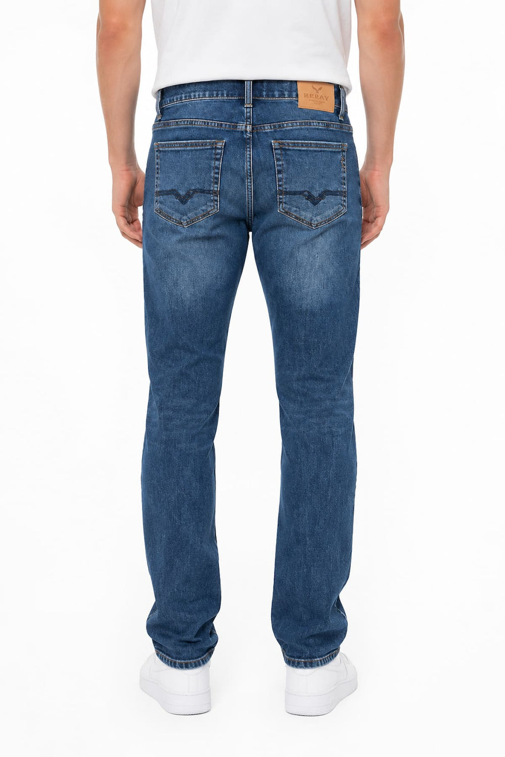Side view of Sam men's dark blue jeans with contrasting topstitching - Valérie Simon