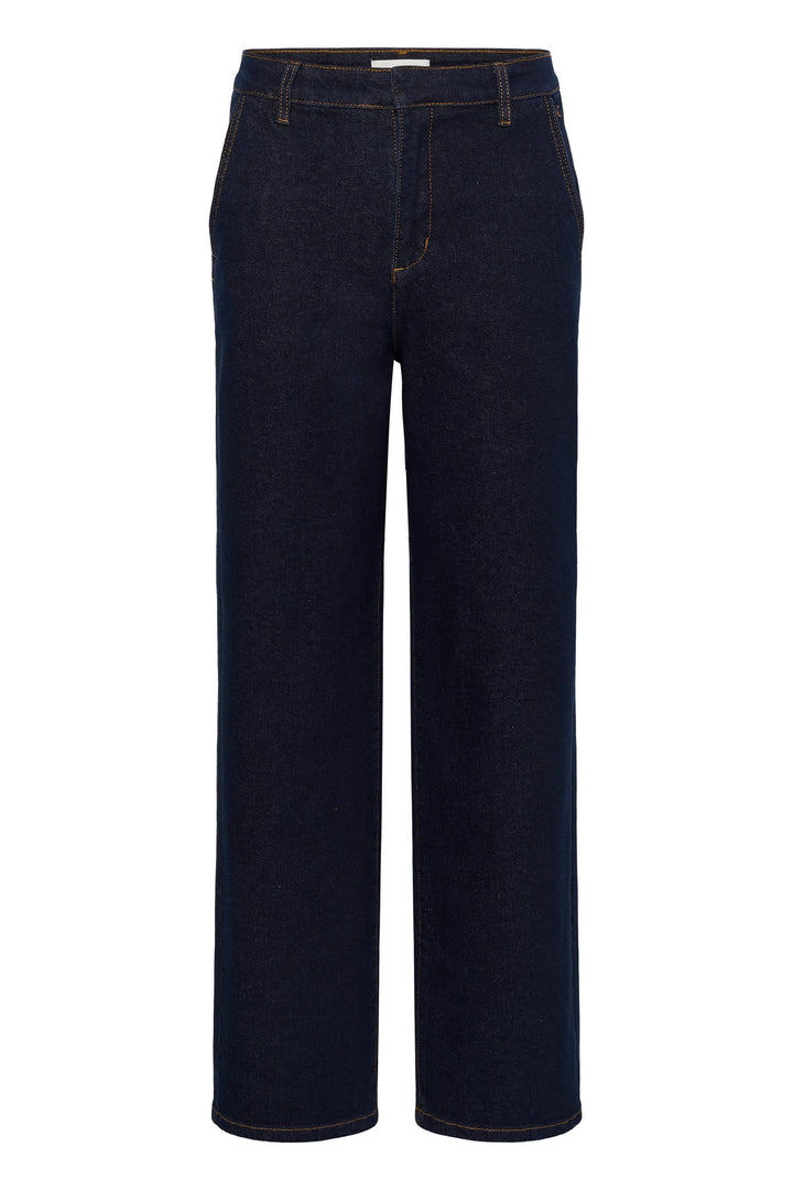Side view of straight-leg blue jeans Cream for women with visible pockets - Valérie Simon
