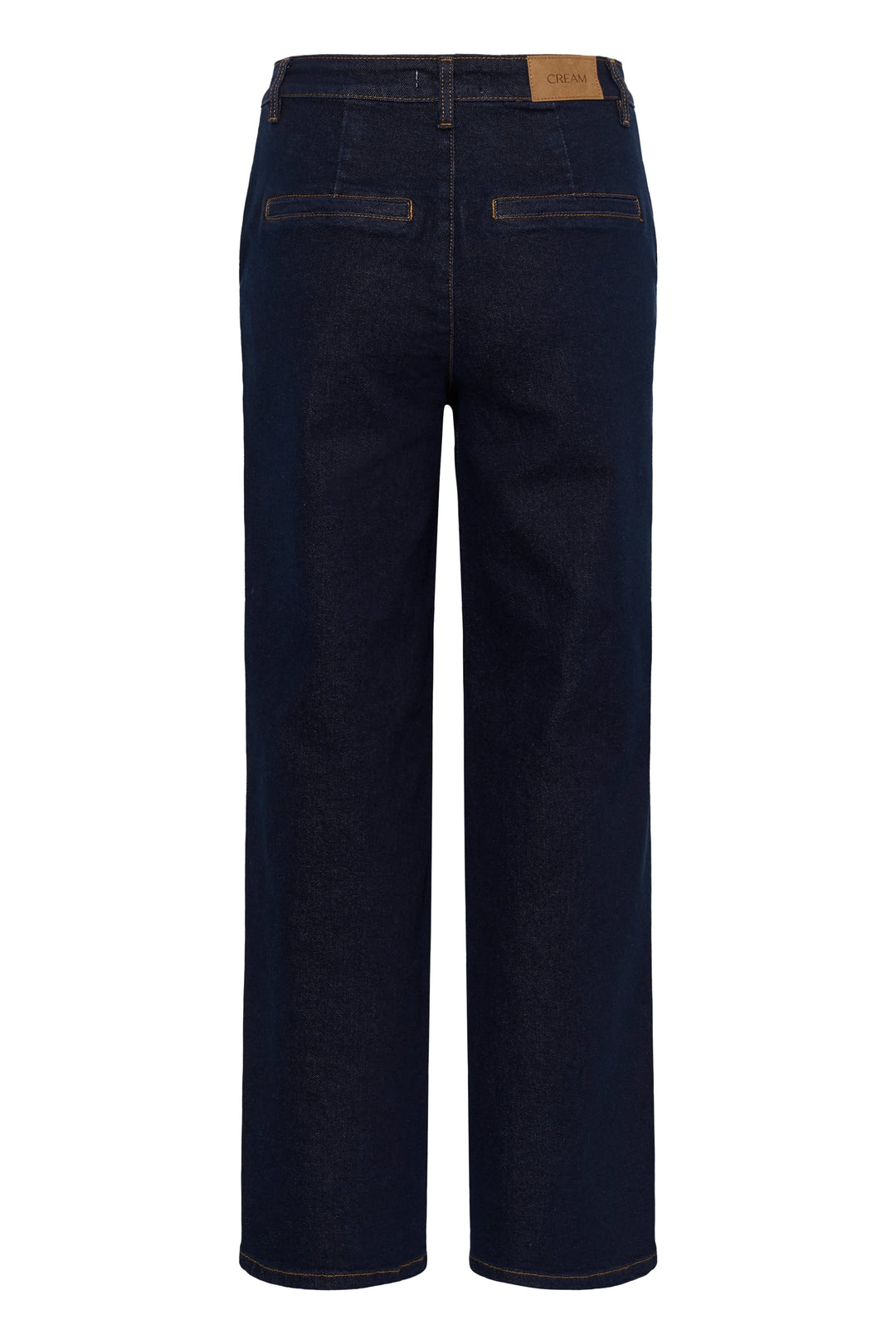 Side view of straight-leg jeans Cream for women in blue denim with exposed seams - Valérie Simon
