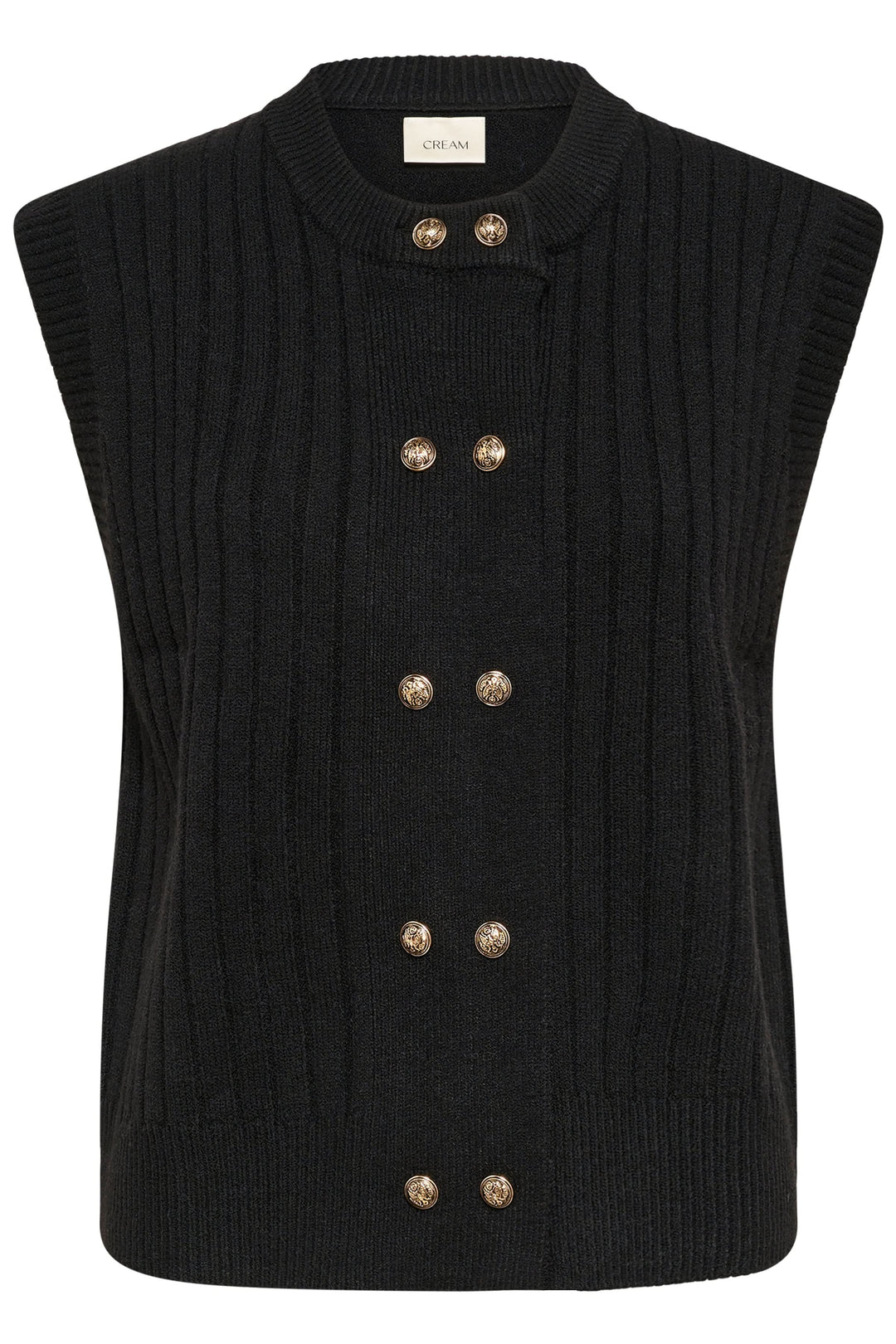 Veste Eroka sans manches en tricot à boutons dorés, chic et moderne, idéale pour superposer en mi-saison.