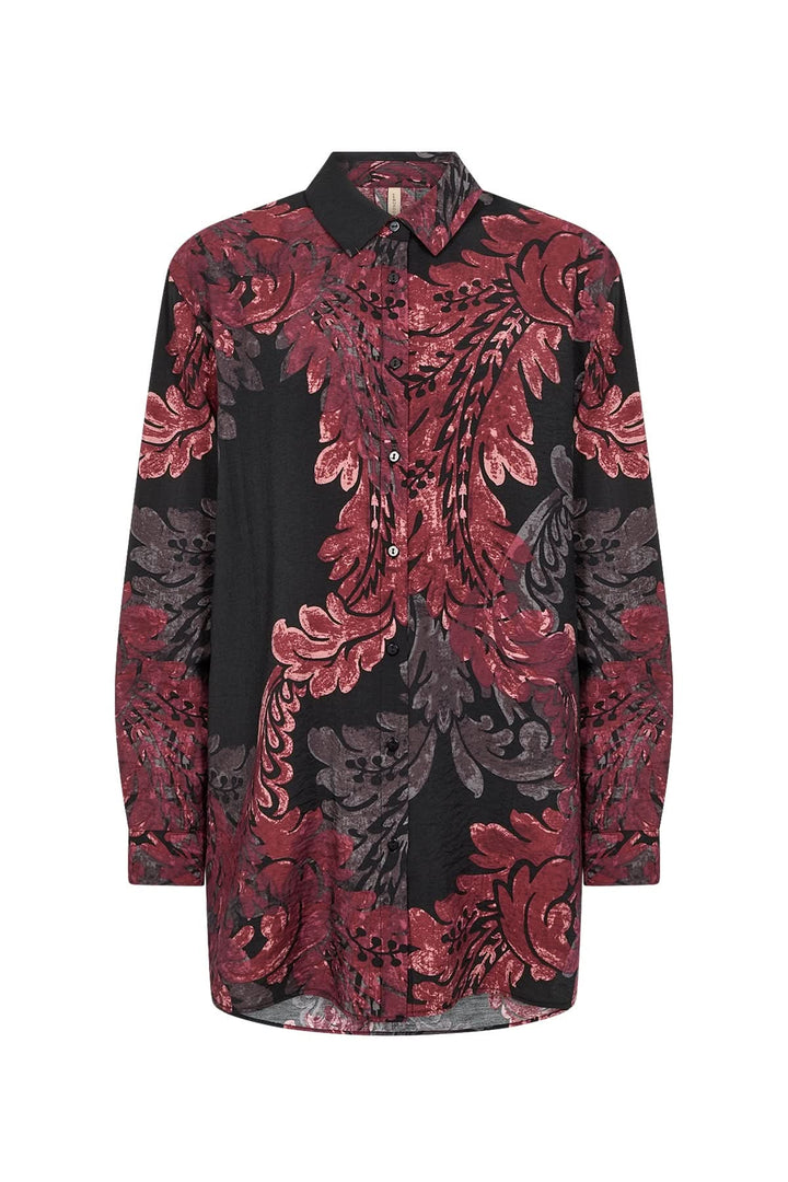 Chemise fluide avec imprimé baroque aux teintes rouge et noire, coupe ample et élégante.