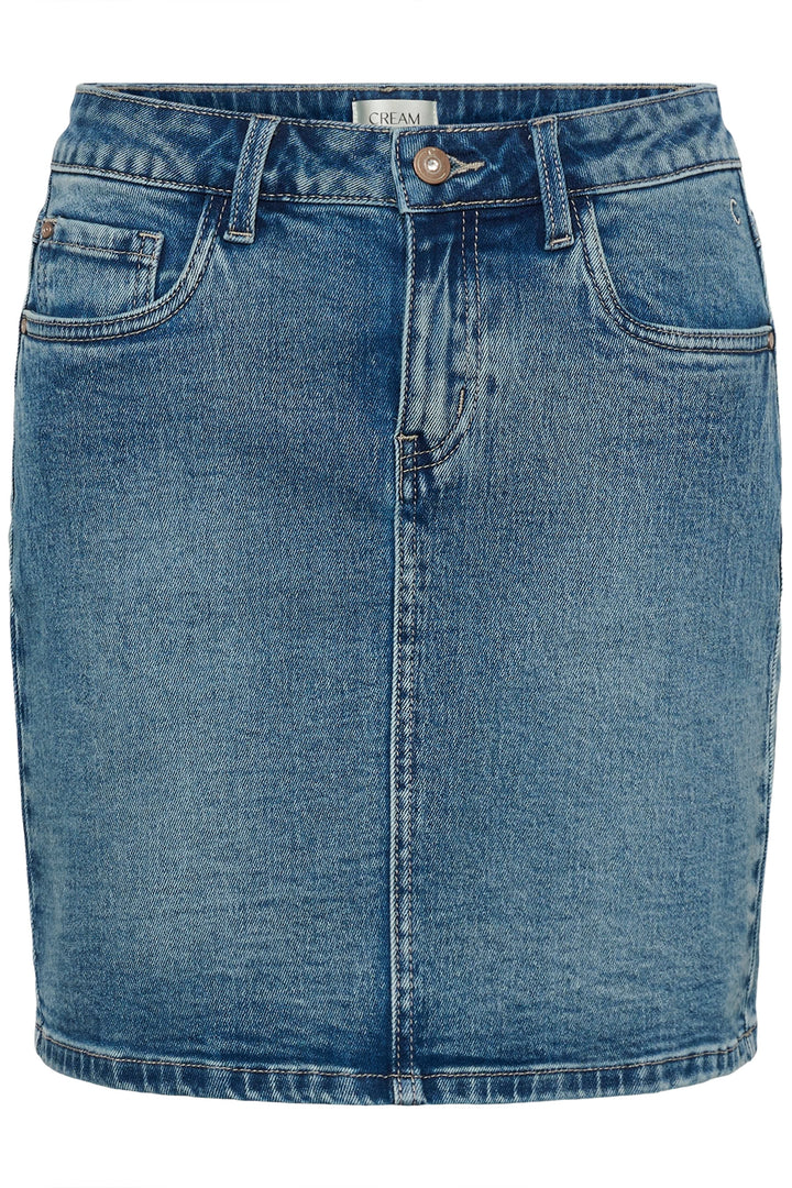Front view of a short denim skirt Cream for women with visible stitching details - Valérie Simon