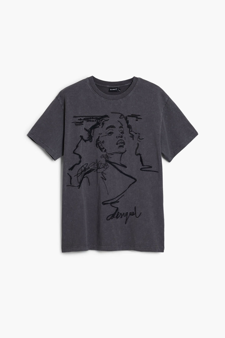 T-shirt à manches courtes gris foncé avec imprimé artistique d'un visage en contour brodé.