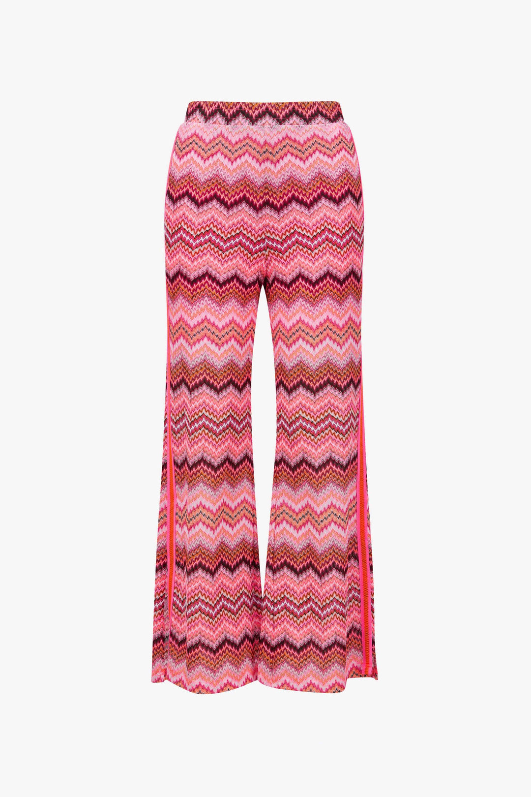 Pantalon Tafari avec motifs zigzag colorés, jambe évasée et fentes latérales pour un look féminin élégant.