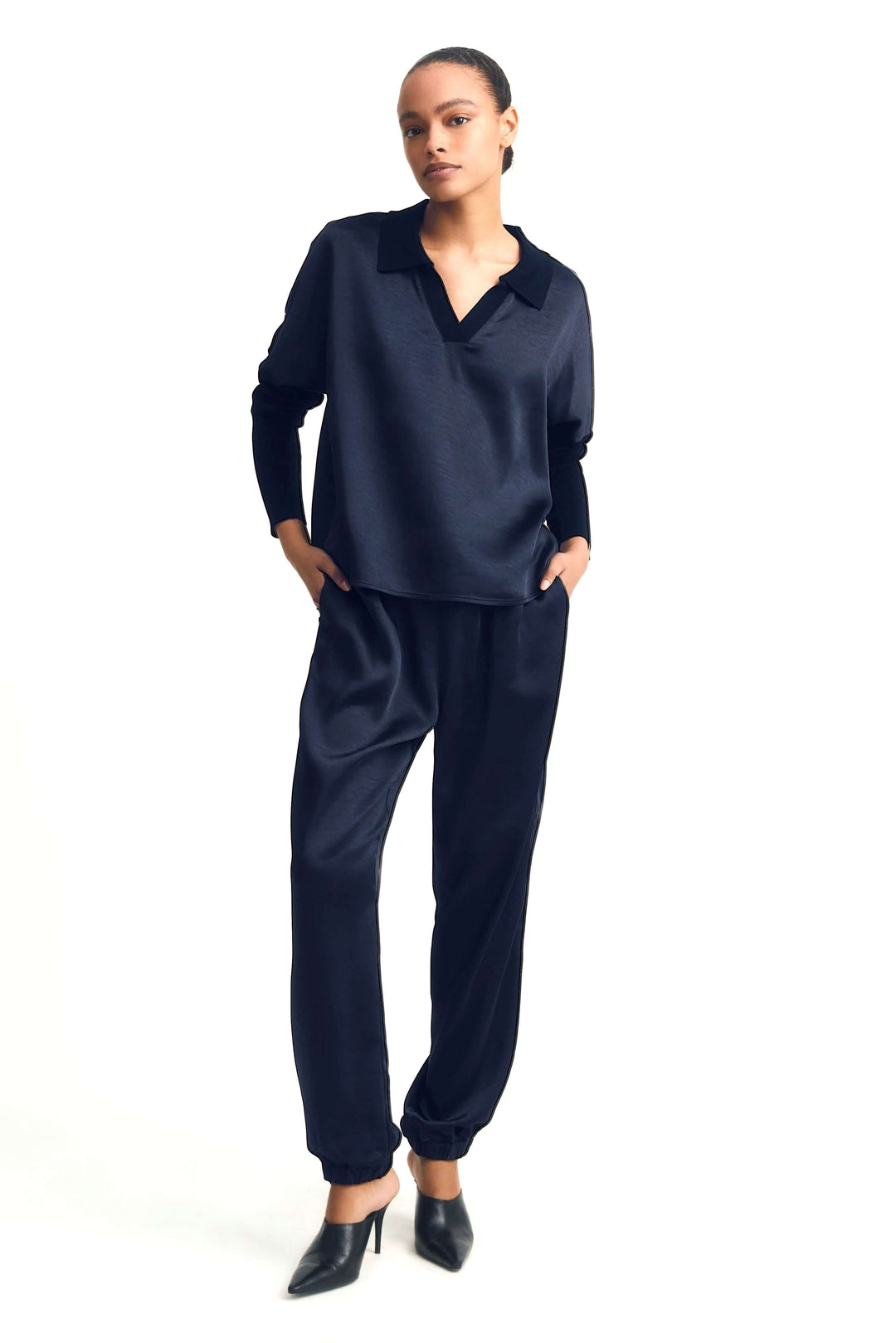 Haut Tina satiné col polo à manches longues