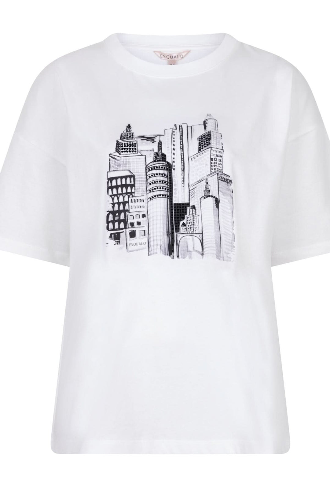 T-shirt blanc avec imprimé graphique urbain stylisé sur le devant, coupe droite en jersey doux.