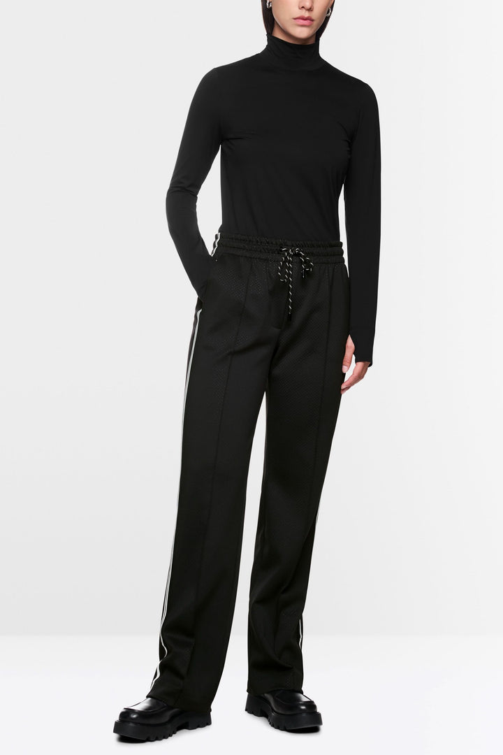 Pantalon Washington noir à coupe droite, taille élastique avec cordon, bandes contrastées, style décontracté.