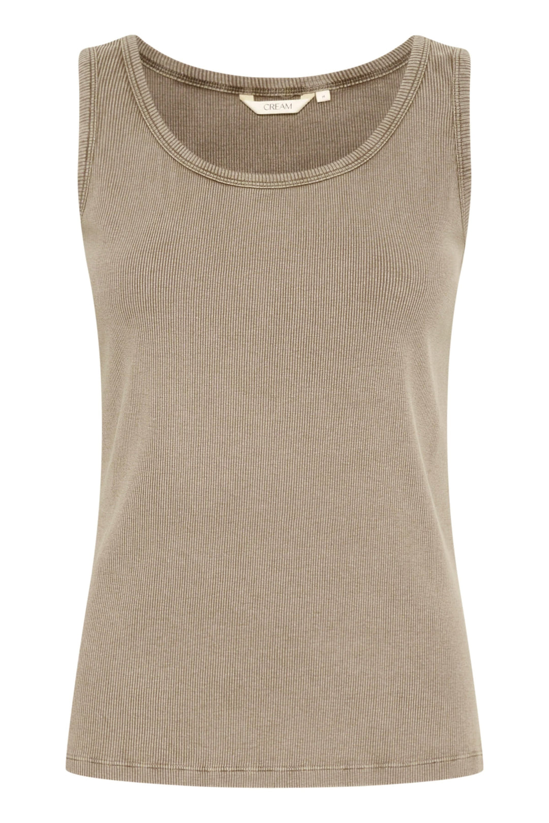 Camisole Talia minimaliste en tricot côtelé souple, encolure ronde, couleur beige, parfaite pour différentes tenues.