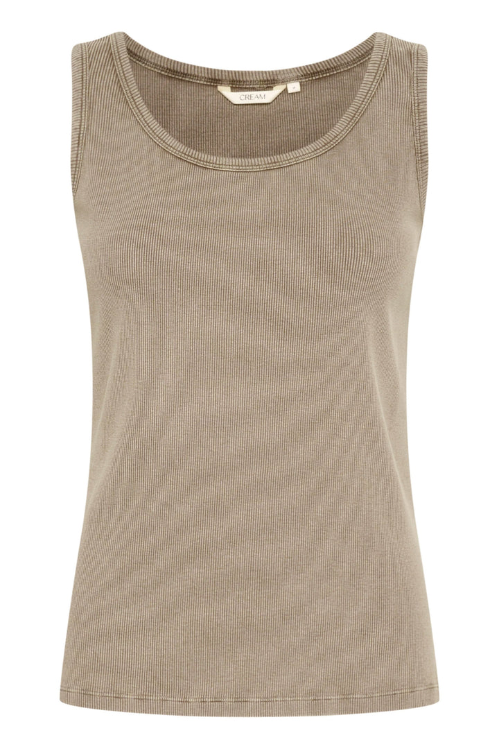 Camisole Talia minimaliste en tricot côtelé souple, encolure ronde, couleur beige, parfaite pour différentes tenues.