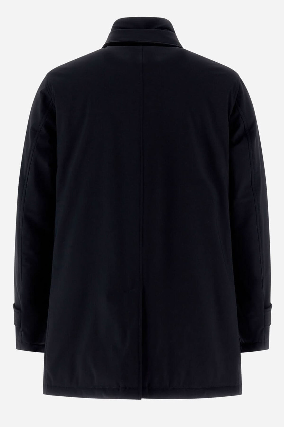 Trench coat noir en tissu extensible, résistant à l'eau et à la course, vue arrière avec col classique.