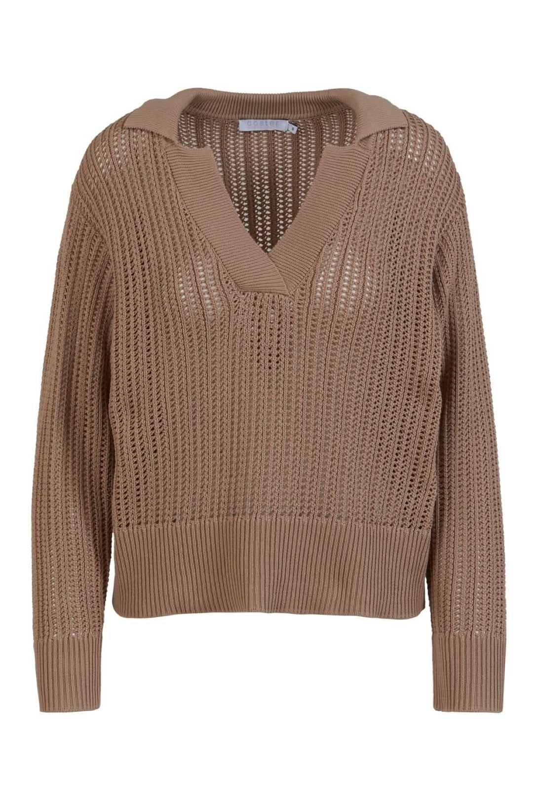 Chandail maille ouverte beige avec encolure en V et manches longues, longueur jusqu'aux hanches.