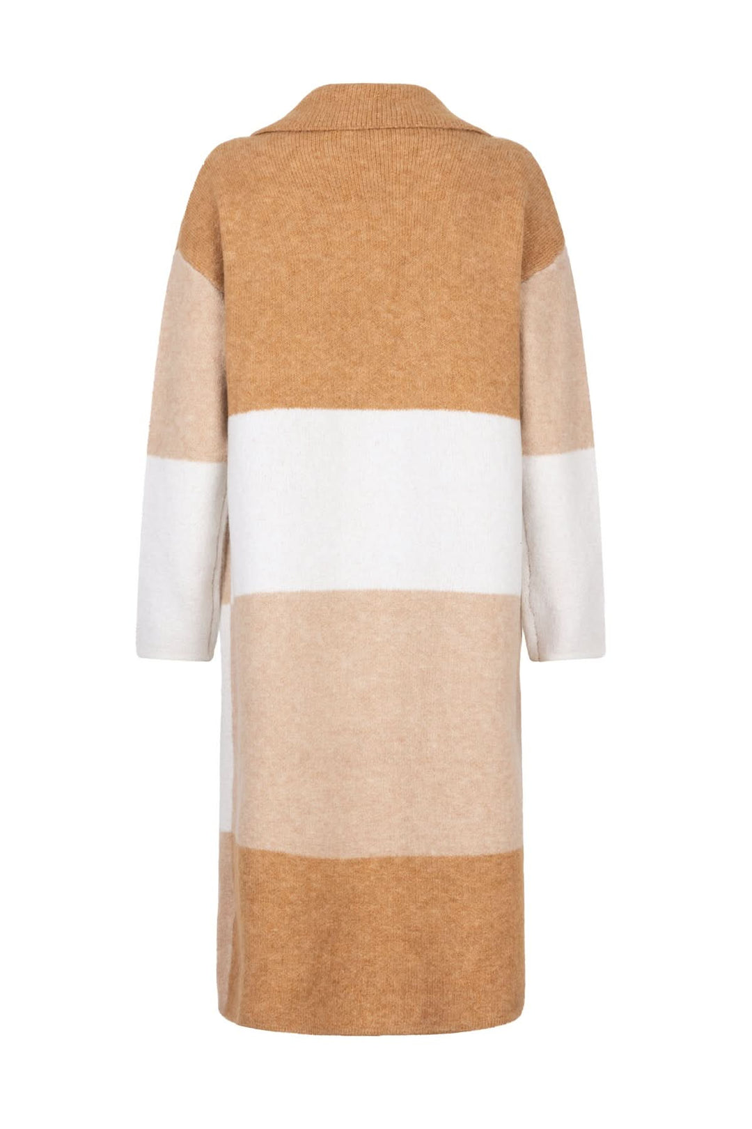 Manteau long à rayures horizontales larges, col à revers, texture moelleuse, palette de couleurs chaudes.