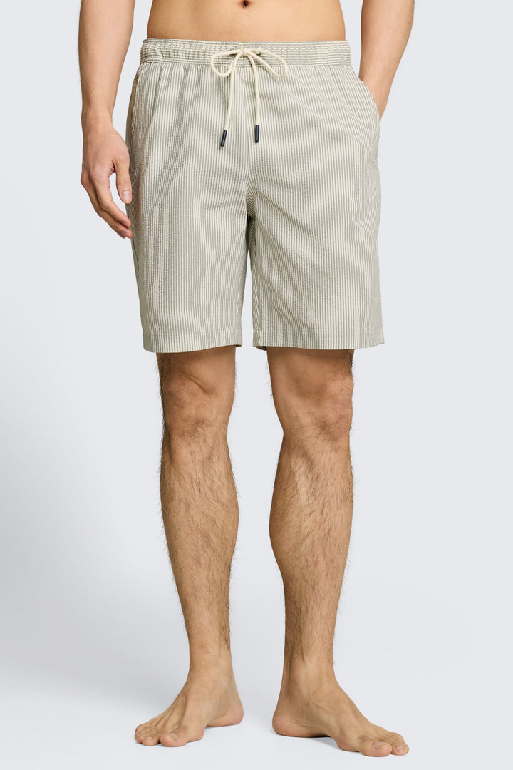 Vue de face maillot de bain rayé bleu et blanc Tom Tailor pour homme avec cordon blanc - Valérie Simon