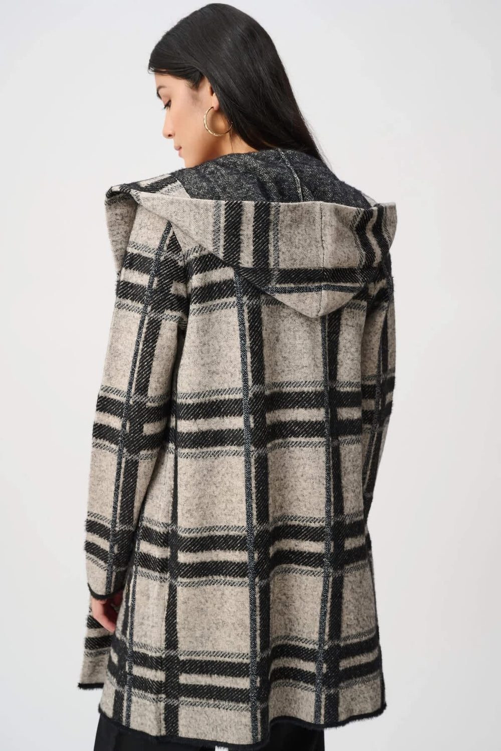 Front view of a Joseph Ribkoff plaid coat with a black and gray hood for women - Valérie Simon