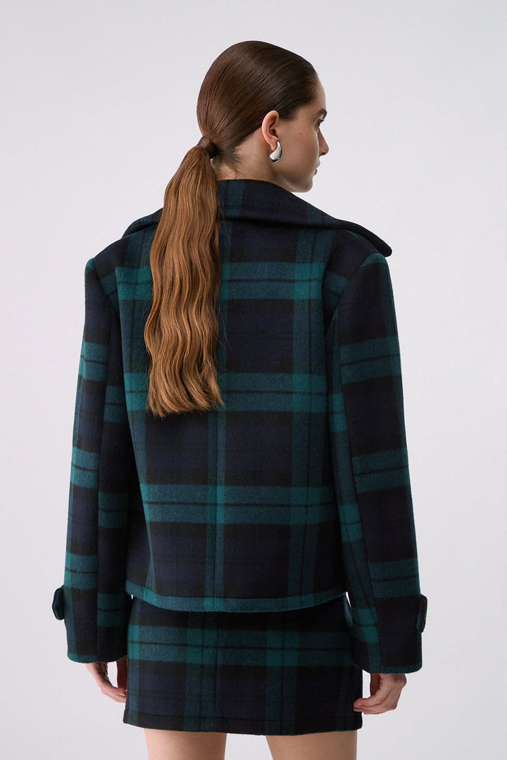 Manteau court à carreaux et double boutonnage pour femme liujo
