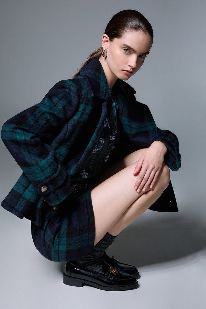 Manteau court à carreaux et double boutonnage pour femme liujo