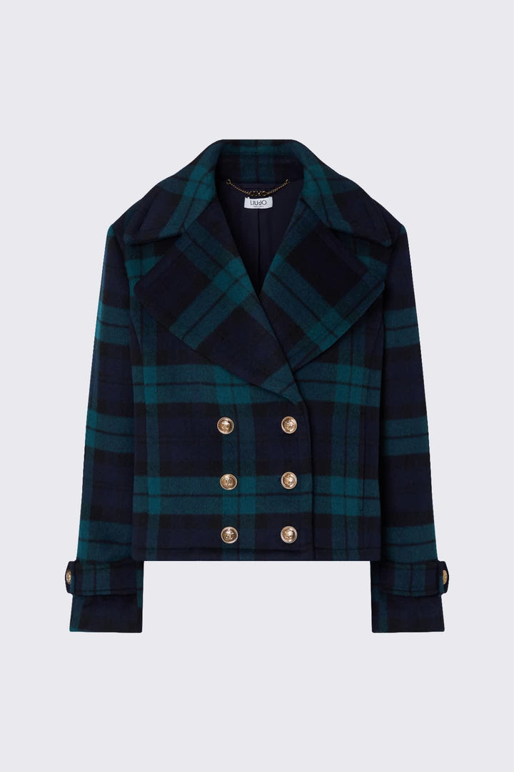 Manteau court à carreaux et double boutonnage vue de face pour femme liujo