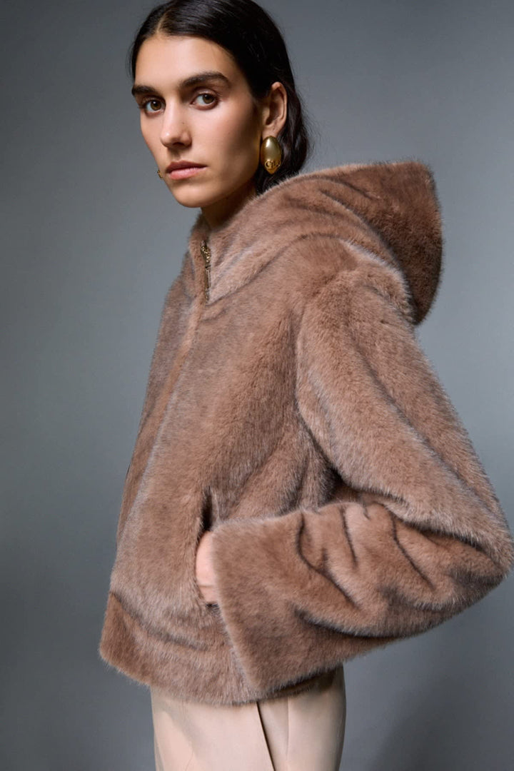 Manteau court effet fourrure à capuchon pour femme liujo