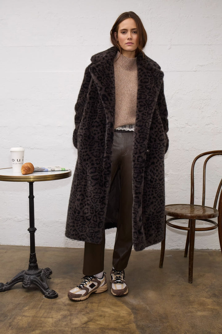 Vue de face manteau léopard effet fourrure femme marron Oui - Valérie Simon