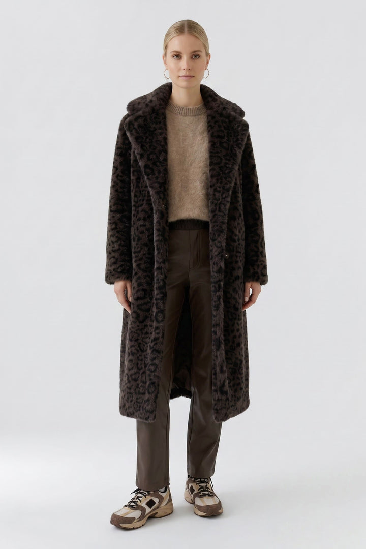 Vue latérale manteau léopard effet fourrure femme marron Oui - Valérie Simon
