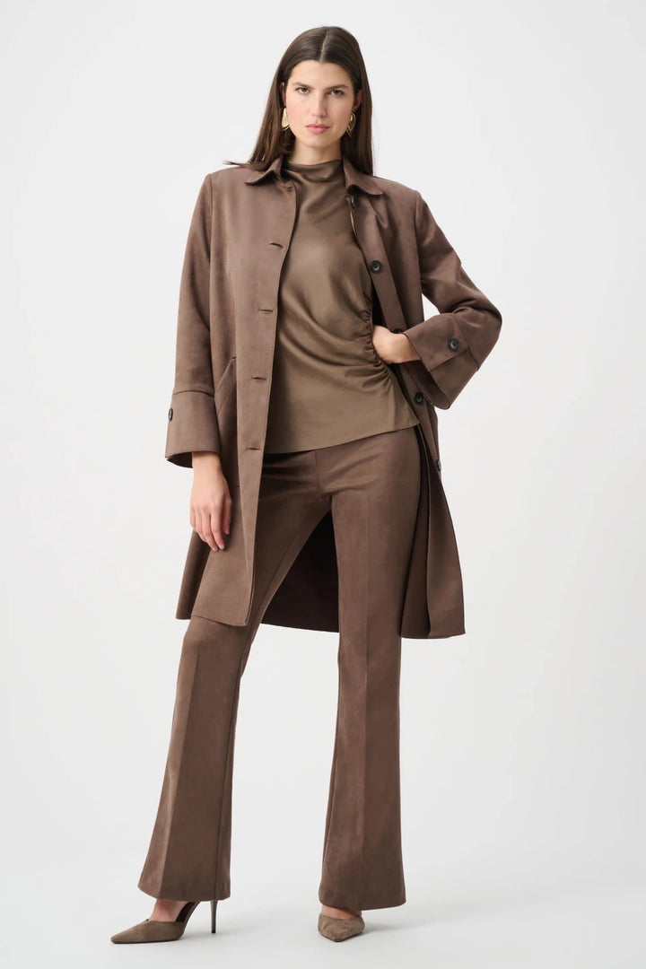 Front view of a beige Joseph Ribkoff suede coat for women with pockets and a stand-up collar - Valérie Simon