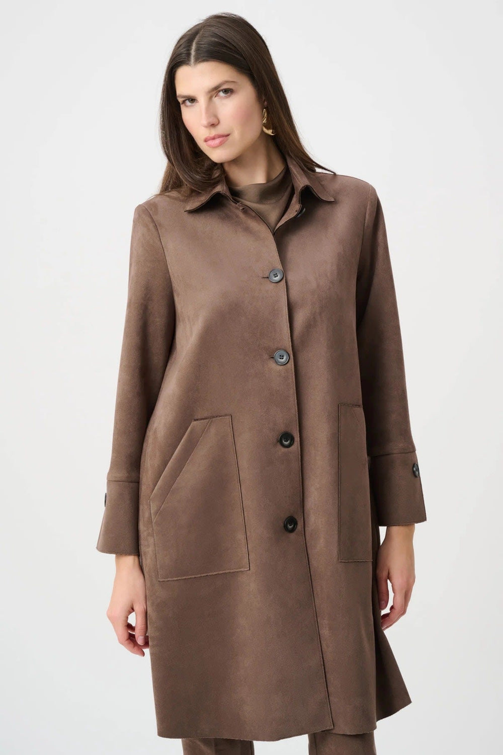 Side view of a beige Joseph Ribkoff suede coat with button details by Valérie Simon